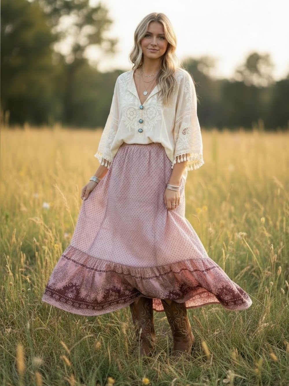 Mia Joy Blush Pink Boho Prairie Maxi Skirt Cottagecore Size M